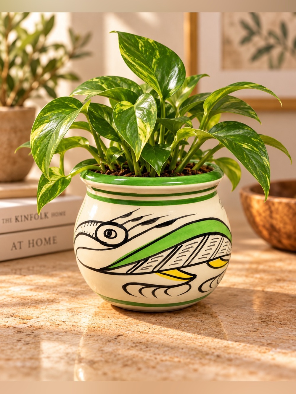 Vintage Panama Hand-Painted Ceramic Pot • Folk Art Fish Planter Cachepot Green